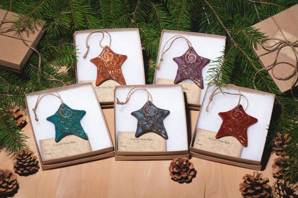 Wonky Star Ornament with Gift Box and Gift Tag, Christmas Ornament, Pottery Ornament, Ceramic Ornament, Handcrafted Ornament picture