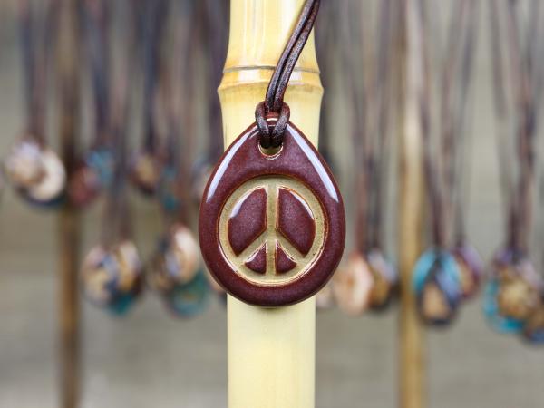 Peace Sign Pendant with Gift Box and Gift Tag, Pottery Pendant, Diffuser Pendant, Bohemian Necklace, Ceramic Jewelry picture