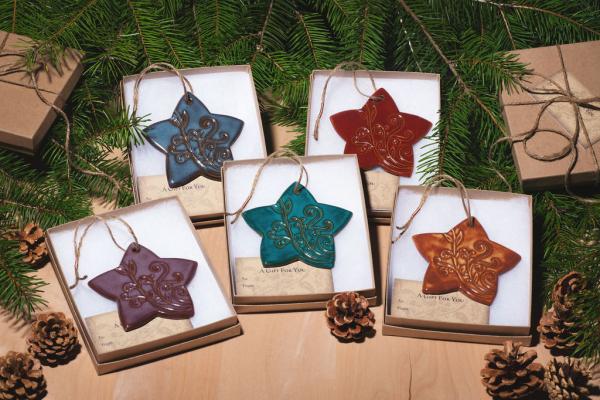 Star Ornament with Gift Box and Gift Tag, Christmas Ornament, Pottery Ornament, Ceramic Ornament, Handcrafted Ornament picture