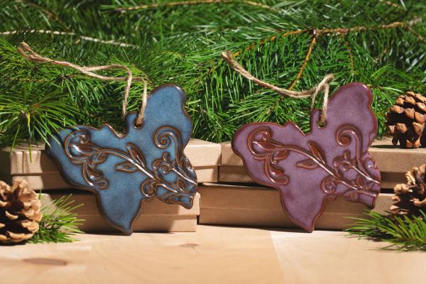 Butterfly Ornament with Gift Box and Gift Tag, Christmas Ornament, Pottery Ornament, Ceramic Ornament, Handcrafted Ornament picture