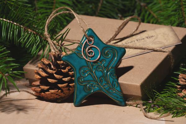 Wonky Star Ornament with Gift Box and Gift Tag, Christmas Ornament, Pottery Ornament, Ceramic Ornament, Handcrafted Ornament picture