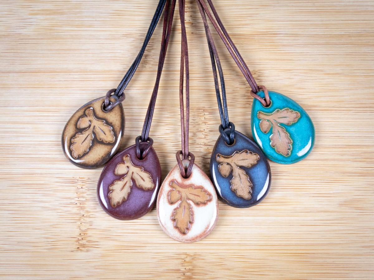 Oakleaf Pendant with Gift Box and Gift Tag, Pottery Pendant, Diffuser Pendant, Bohemian Necklace, Ceramic Jewelry picture