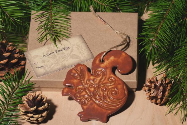 Squirrel Ornament with Gift Box and Gift Tag, Christmas Ornament, Pottery Ornament, Ceramic Ornament, Handcrafted Ornament picture