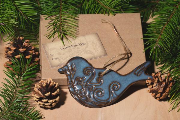 Bird Ornament with Gift Box and Gift Tag, Christmas Ornament, Pottery Ornament, Ceramic Ornament, Handcrafted Ornament picture