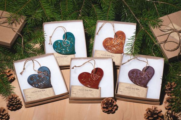 Heart Ornament with Gift Box and Gift Tag, Christmas Ornament, Pottery Ornament, Ceramic Ornament, Handcrafted Ornament picture
