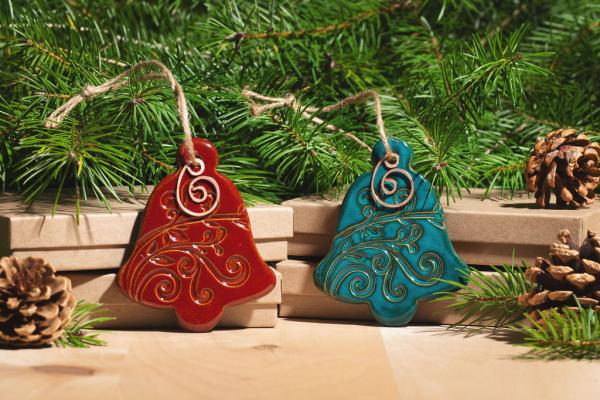 Bell Ornament with Gift Box and Gift Tag, Christmas Ornament, Pottery Ornament, Ceramic Ornament, Handcrafted Ornament picture