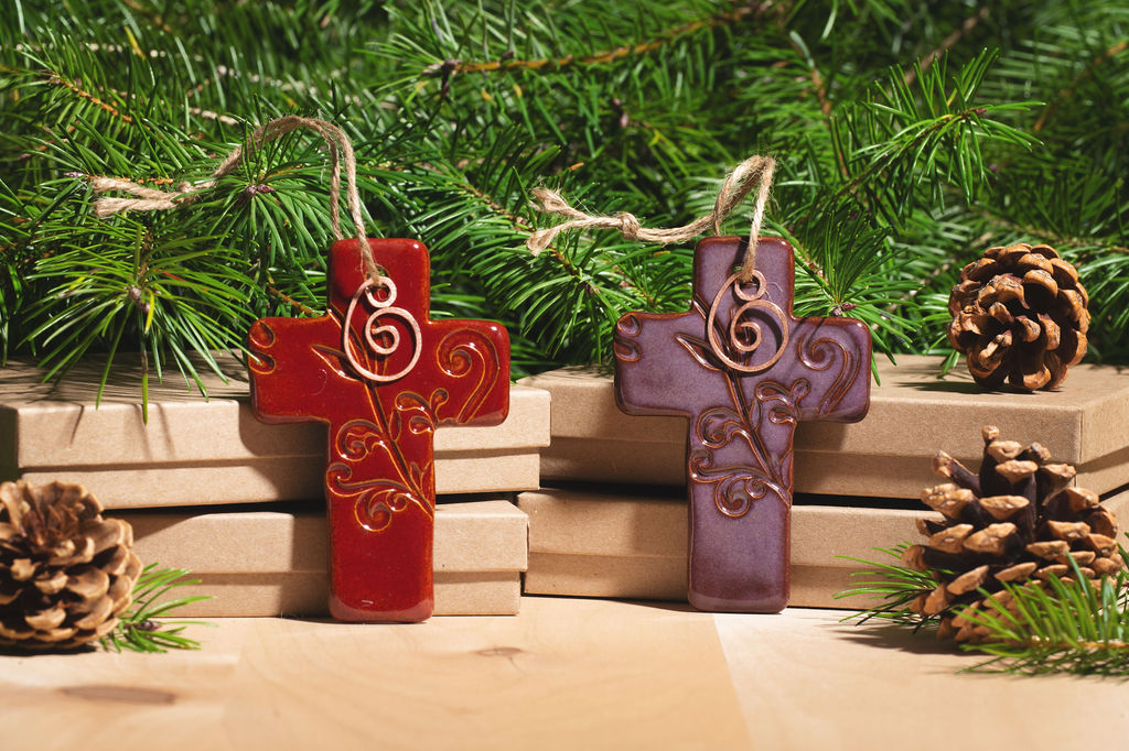 Cross Ornament with Gift Box and Gift Tag, Christmas Ornament, Pottery Ornament, Ceramic Ornament, Handcrafted Ornament picture