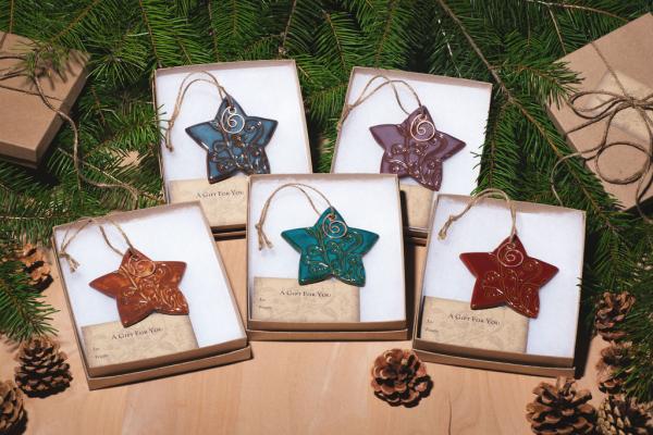 Star Ornament with Gift Box and Gift Tag, Christmas Ornament, Pottery Ornament, Ceramic Ornament, Handcrafted Ornament picture