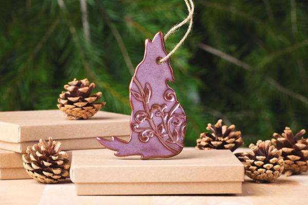 Wolf Ornament with Gift Box and Gift Tag, Christmas Ornament, Pottery Ornament, Ceramic Ornament, Handcrafted Ornament picture