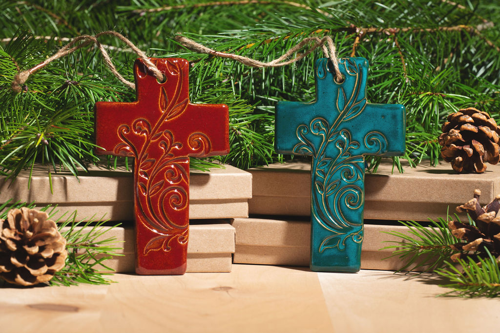 Cross Ornament with Gift Box and Gift Tag, Christmas Ornament, Pottery Ornament, Ceramic Ornament, Handcrafted Ornament picture