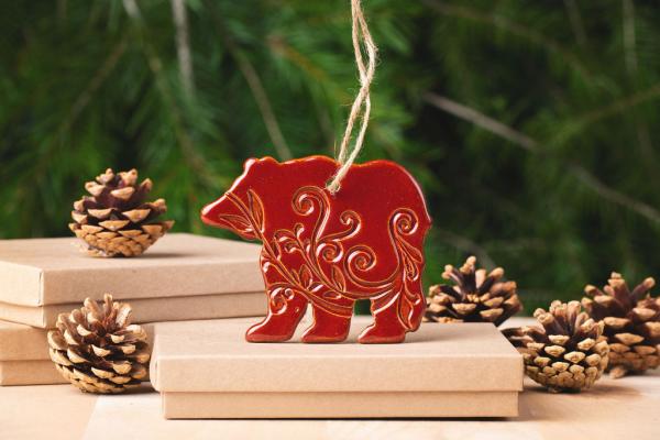 Bear Ornament with Gift Box and Gift Tag, Christmas Ornament, Pottery Ornament, Ceramic Ornament, Handcrafted Ornament