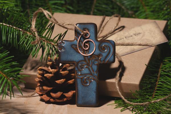 Cross Ornament with Gift Box and Gift Tag, Christmas Ornament, Pottery Ornament, Ceramic Ornament, Handcrafted Ornament picture