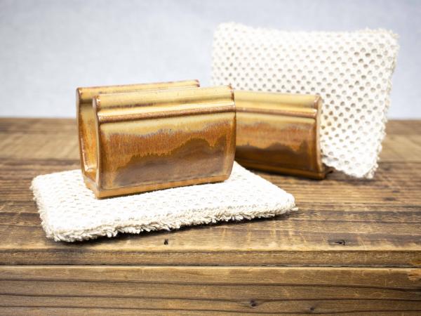 Pottery Sponge Holder, Tan Leather picture