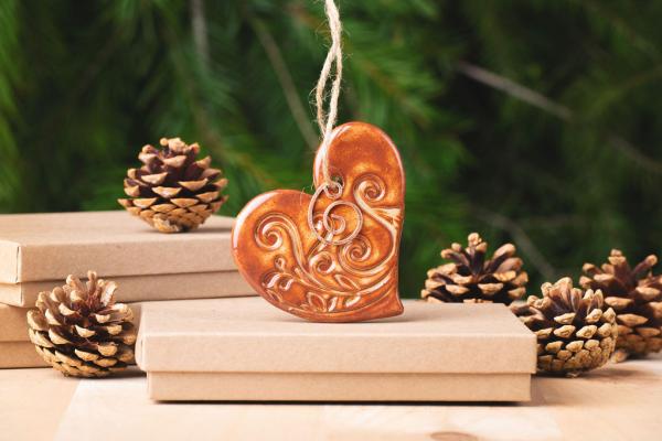 Heart Ornament with Gift Box and Gift Tag, Christmas Ornament, Pottery Ornament, Ceramic Ornament, Handcrafted Ornament picture