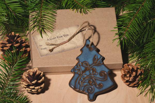Tree Ornament with Gift Box and Gift Tag, Christmas Ornament, Pottery Ornament, Ceramic Ornament, Handcrafted Ornament picture