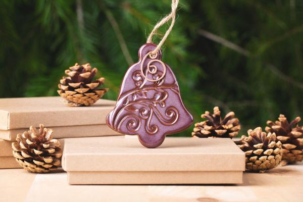 Bell Ornament with Gift Box and Gift Tag, Christmas Ornament, Pottery Ornament, Ceramic Ornament, Handcrafted Ornament picture