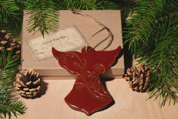 Angel Ornament with Gift Box and Gift Tag, Christmas Ornament, Pottery Ornament, Ceramic Ornament, Handcrafted Ornament picture