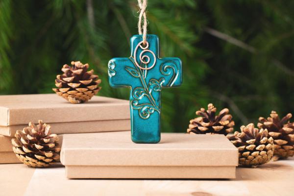 Cross Ornament with Gift Box and Gift Tag, Christmas Ornament, Pottery Ornament, Ceramic Ornament, Handcrafted Ornament picture