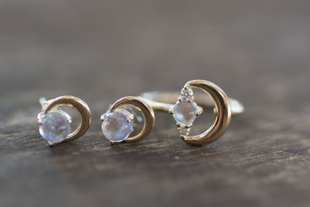 Moon Stud Earrings, Silver & Moonstone picture