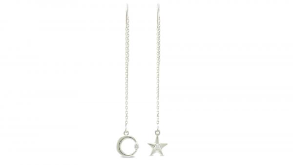 Moon and Stars Threader Earrings, Silver& Diamond