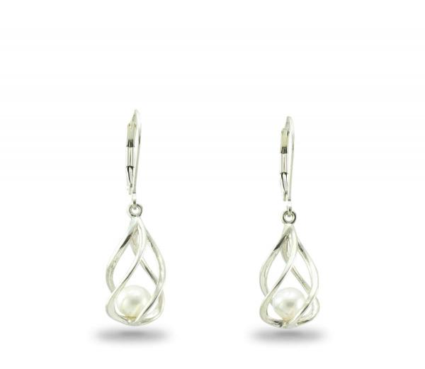 Vine Earrings, Silver & Pearl