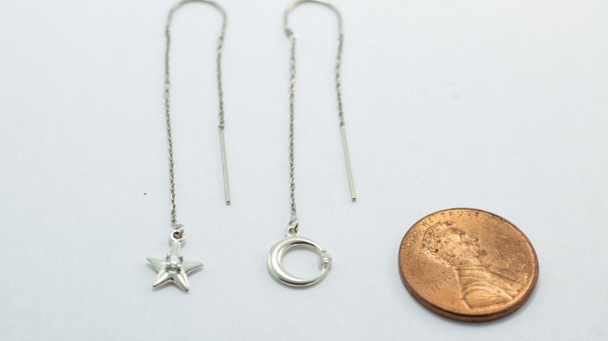 Moon and Stars Threader Earrings, Silver& Diamond picture