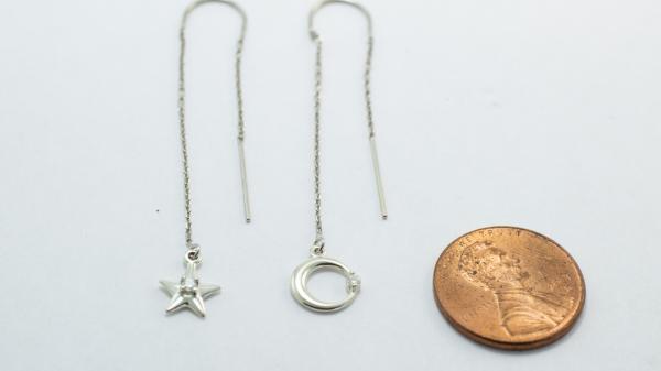 Moon and Stars Threader Earrings, Silver& Diamond picture