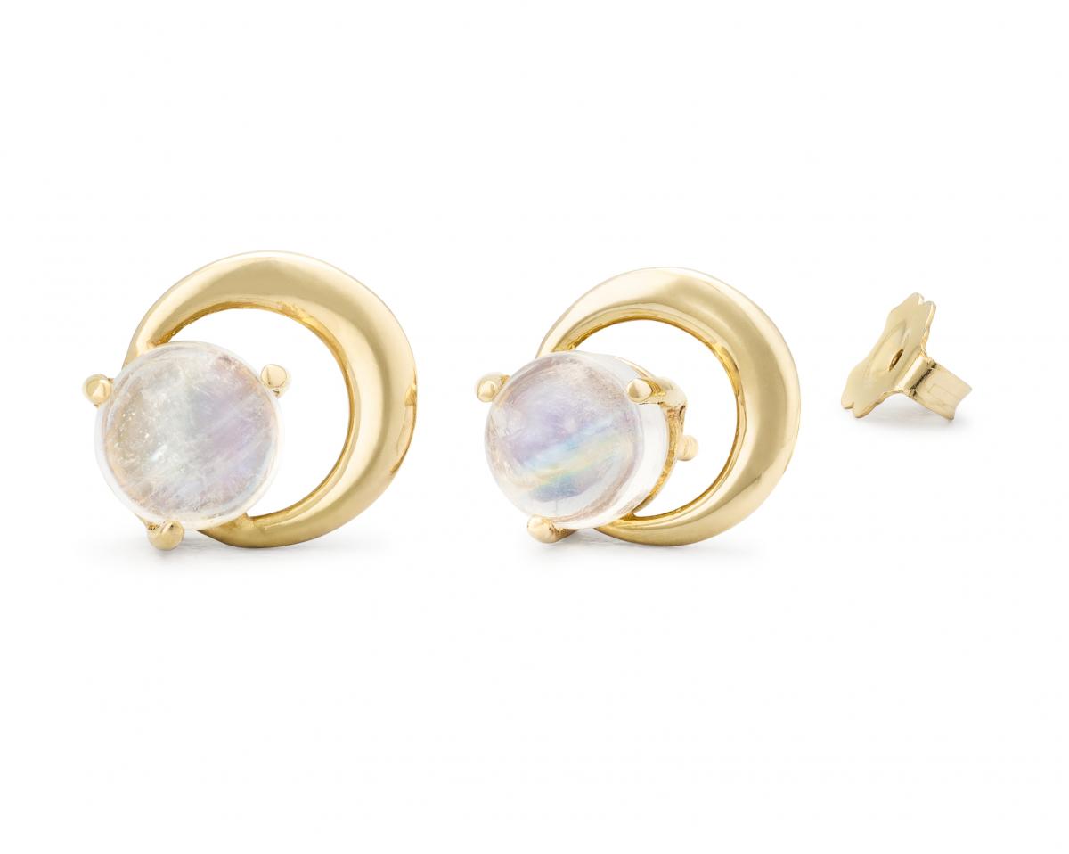 Moon Stud Earrings, Silver & Moonstone picture