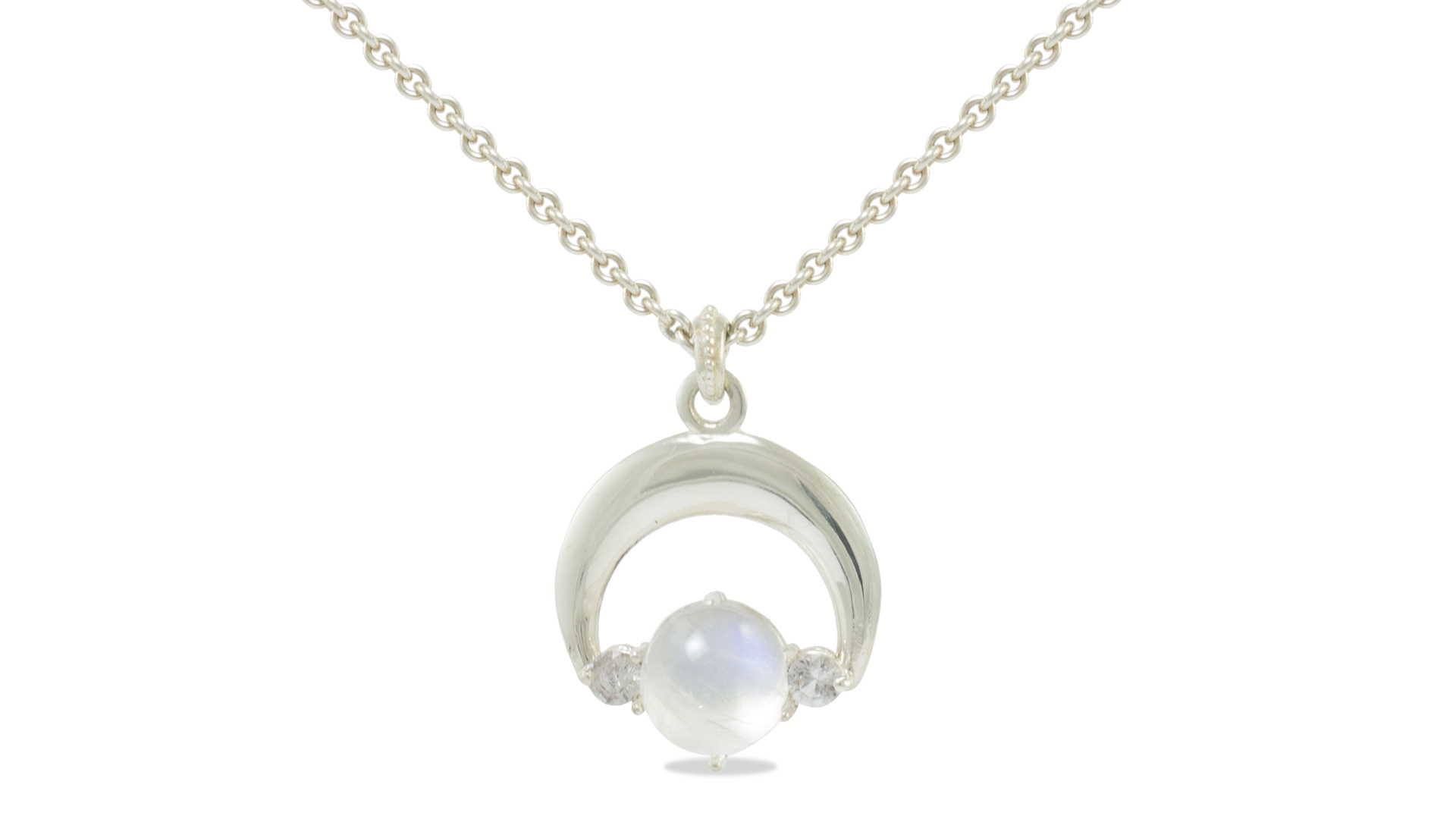 Crescent Moon Necklace, Silver & Moonstone & Sapphires picture