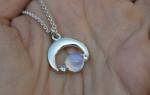 Crescent Moon Necklace, Silver & Moonstone & Sapphires