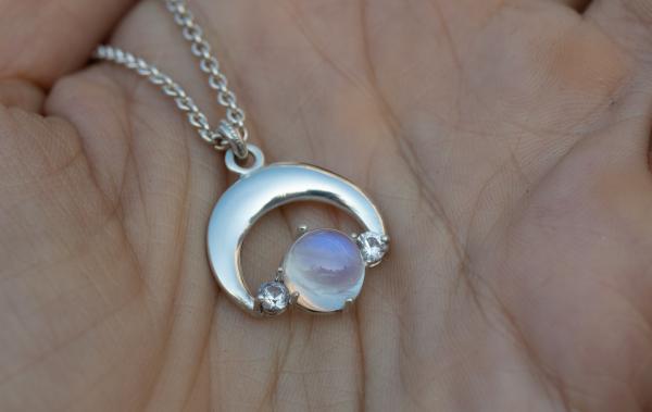 Crescent Moon Necklace, Silver & Moonstone & Sapphires