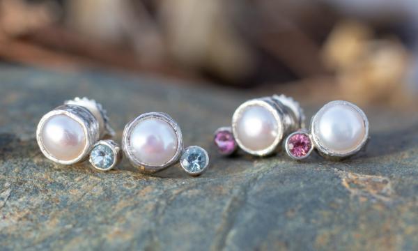 Pearl Studs with Aquamarine/Tourmaline