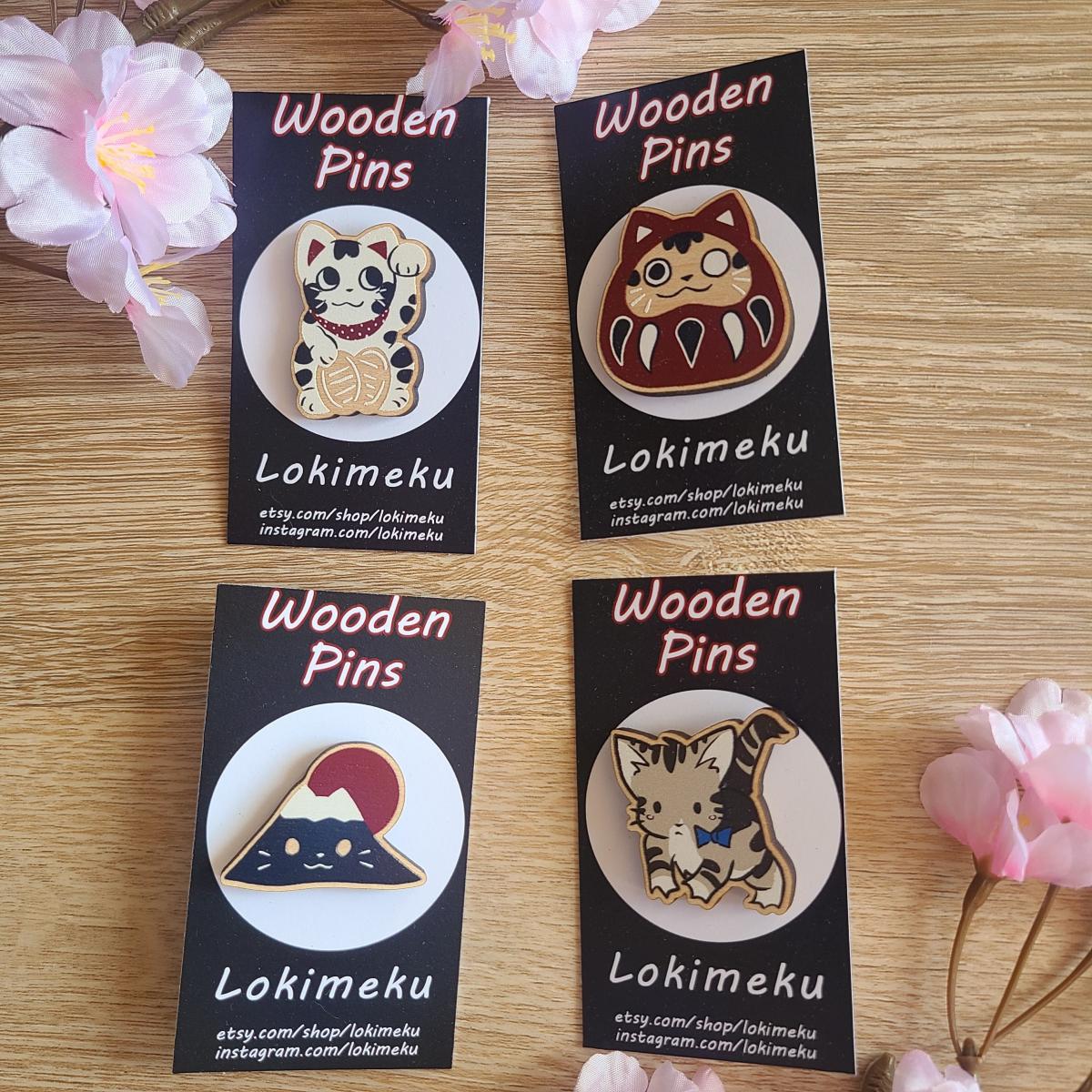Japan Inspired Cat Wooden Pins and Magnets picture