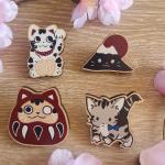 Japan Inspired Cat Wooden Pins and Magnets