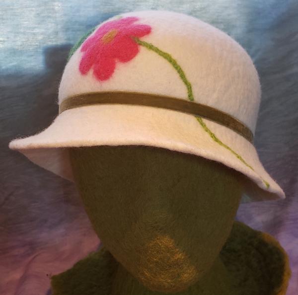 Cloche-White with Pink Flower, Olive Velvet Band (2) picture
