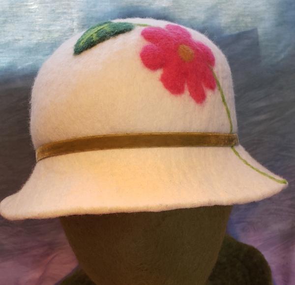 Cloche-White with Pink Flower, Olive Velvet Band picture