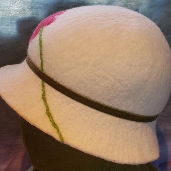 Cloche-White with Pink Flower, Olive Velvet Band (2) picture