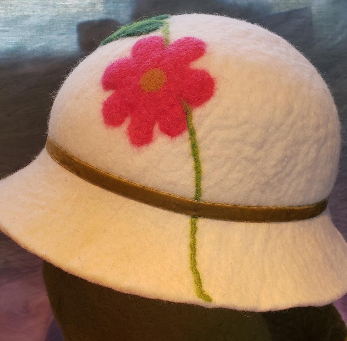Cloche-White with Pink Flower, Olive Velvet Band picture