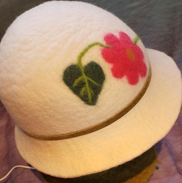 Cloche-White with Pink Flower, Olive Velvet Band (2) picture