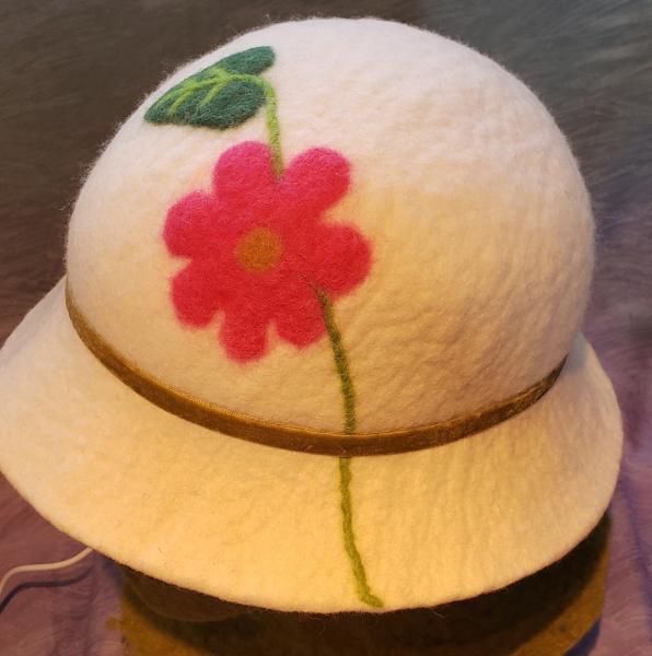 Cloche-White with Pink Flower, Olive Velvet Band picture