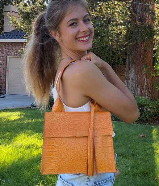 Shoulder bag, Orange leather lined with orange suede picture