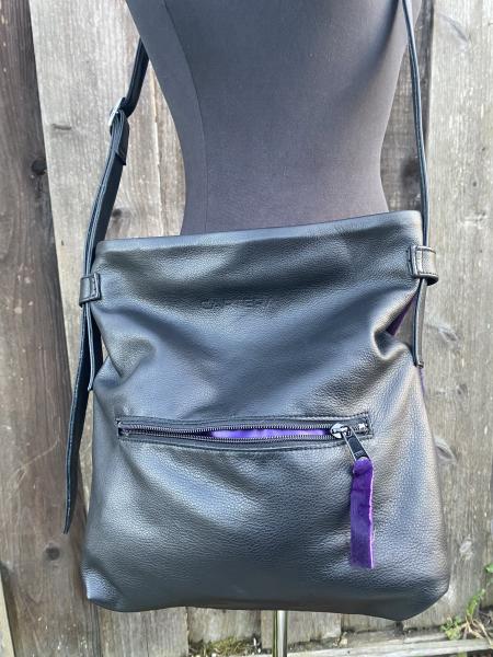 Crossbody, Black leather with Purple Hair on hide picture