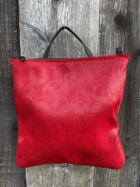 Crossbody / Clutch, Black leather with red hair on hide (zipper)