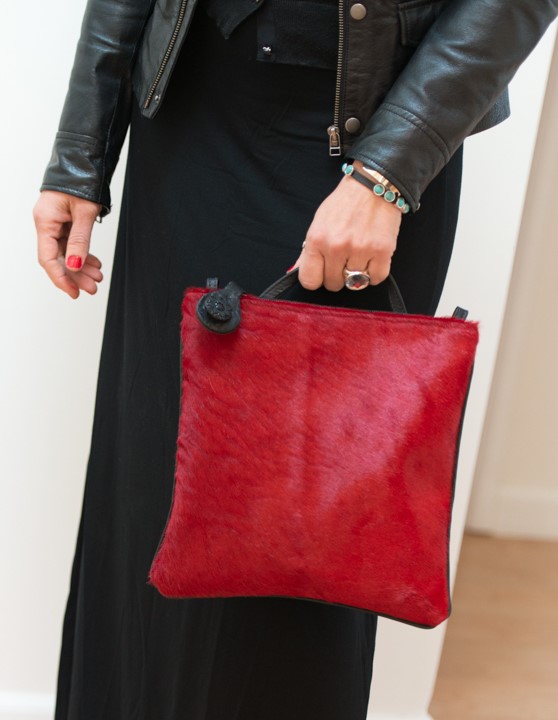 Crossbody / Clutch, Black leather with red hair on hide (zipper) picture