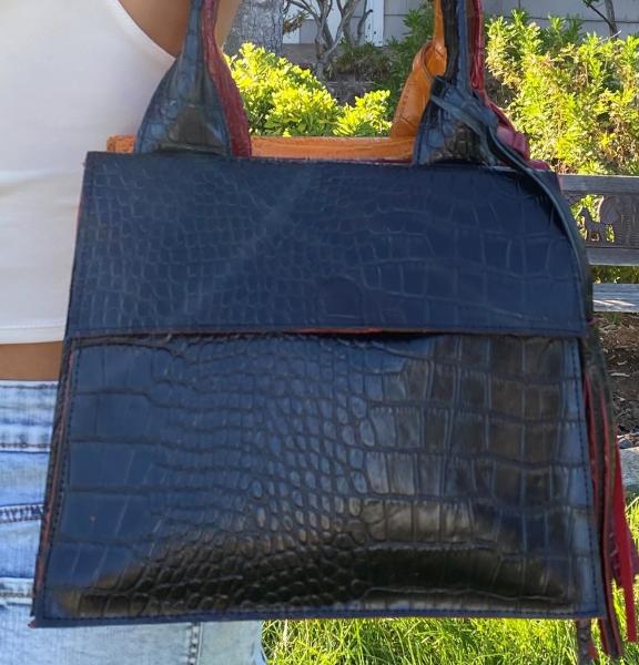 Shoulder Bag, BLACK leather lined with RED suede picture