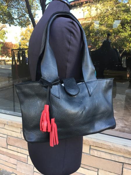 Shoulder bag, black leather purse with red tassel (zipper) picture