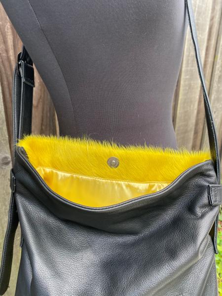 Crossbody, Black leather with Yellow Hair on hide picture