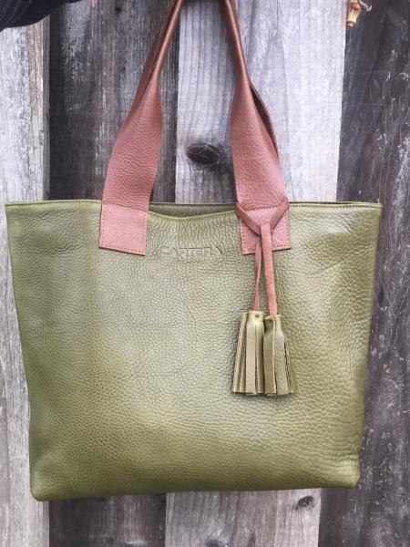 Large Shoulder bag, Olive green with brown straps (zipper)