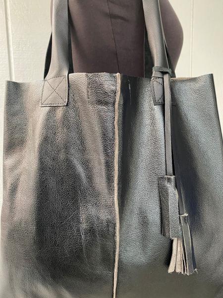 Tote, Metallic black leather with leather straps picture