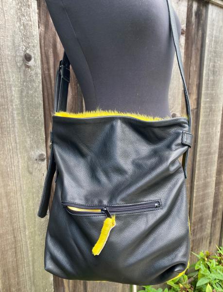 Crossbody, Black leather with Yellow Hair on hide picture